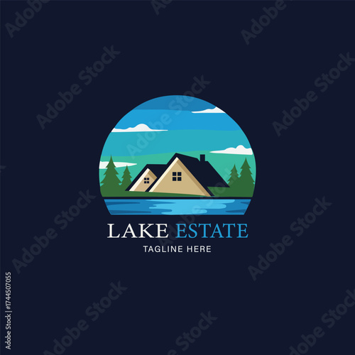 Scenic lake estate logo featuring a house by a lake with mountains and trees under a crescent moon, ideal for resorts, vacation homes, nature retreats, or lakeside property development.
