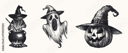 halloween illustration set isolated with witch stirring bubbling cauldron floating ghost jack-o'-lantern carved pumpkin hand drawn sketch line art detailed vector greeting card design element