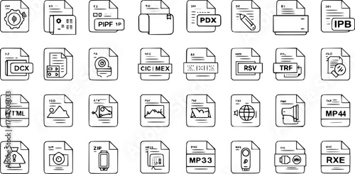 Line Art Document File Type Icons Set: Featuring common extensions like HTML, ISO, ZIP, MP44, PDX, IPB, DCX, RSV, TRF, and more for digital data and storage concepts.