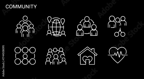 Community and Social Connection Vector Icons Set: Global Network, Teamwork, Collaboration, Family, Home, and Health Concepts on Black