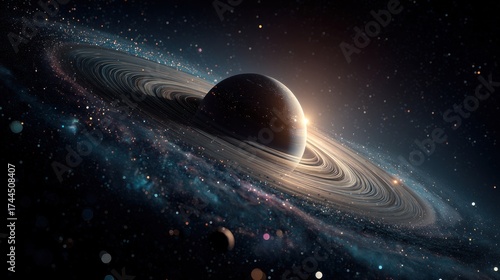 Stunning depiction of a planet with rings in a vibrant, star-filled galaxy