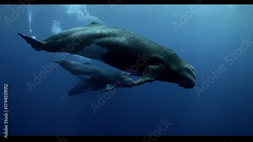 Majestic Whale Family Swimming Gracefully Underwater in Deep Blue Ocean