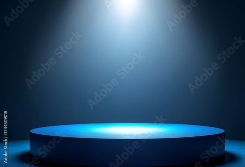 Empty blue circular stage with a bright spotlight shining down, creating a dramatic and illuminated presentation platform.