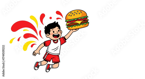 Cartoon of a boy holding a big burger over a white background with splash design