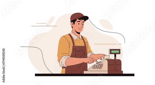 Cashier Operating A Vintage Cash Register Seamlessly For Customer Transactions