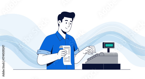 Cashier Presenting Receipt At Cash Register, Simple Illustration Depicting Retail Transactions