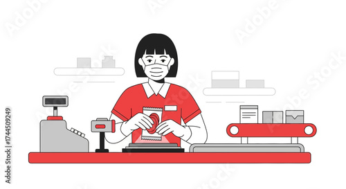 Cashier Wearing Mask Working At Counter Processing Package Representing Consumerism During Covid