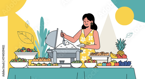 Catering Service Illustration Featuring Woman Serving Food at a Vibrant Buffet Setup