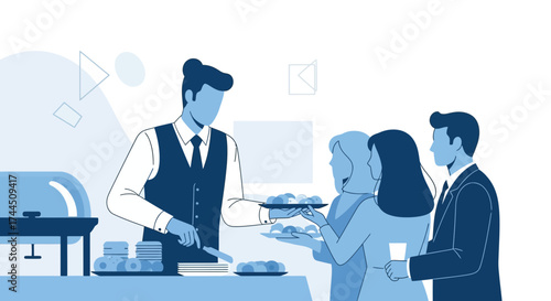 Catering Service Illustration: Waiter Serving Food to Guests at a Buffet Event