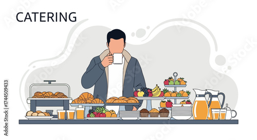 Catering service with a man drinking coffee, breakfast buffet illustration design