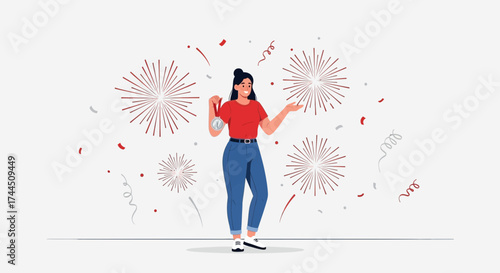 Celebrating Success: Woman Joyfully Holds Medal Amidst Festive Fireworks Display