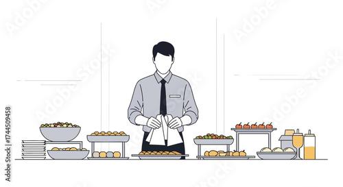 Catering Staff Prepares Food at a Well-Stocked Buffet Table with Various Culinary Selections