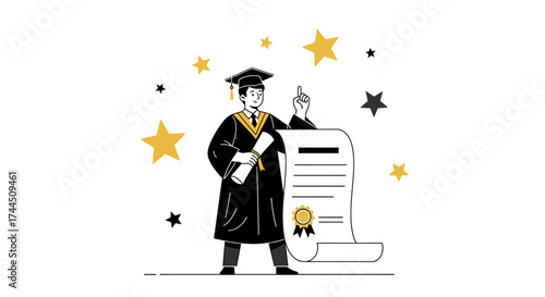 Celebrate Academic Achievement: A Graduate Holding Diploma, Starry Background, Triumph
