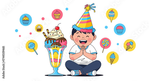 Celebrate, birthday boy, ice cream, sundae, cake, party, happy, childhood, dessert, cone