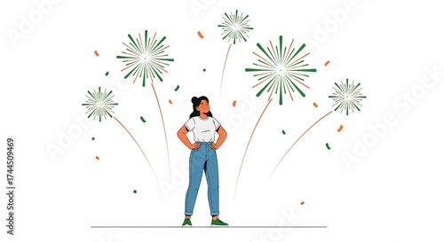 Celebrating Success: Woman Watching Fireworks Show With Festive And Joyful Vibe