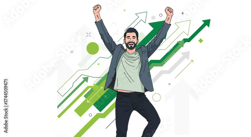 Celebrating A Business Success: Vector Illustration of Happy Man with Upward Dynamic Arrows