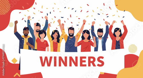 Celebrating Team Victory: Group Of Winners Raising Hands With Colorful Confetti