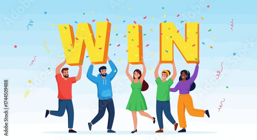 Celebrating A Triumph: Group Of Joyful People Holding High The Word Win Under Confetti