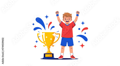 Celebrating Victory: A Young Champion Holding Trophy in Triumph, Pure Joy for Achievement