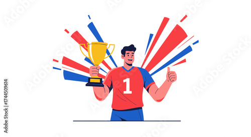 Celebrating Victory: Champion Grabs Trophy, Expresses Joy with Gestures and Energetic Radiance