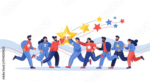 Celebrating Achievement: A Diverse Group Races Towards Success, Holding Up Bright Shining Stars