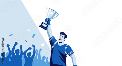 Celebrating Victory: Champion Holds Trophy High Amidst Cheering Crowd in Vibrant Illustration