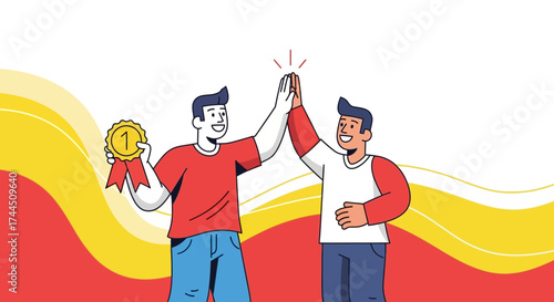 Celebrating Victory: Two Companions High Five After Achieving First Place Triumph