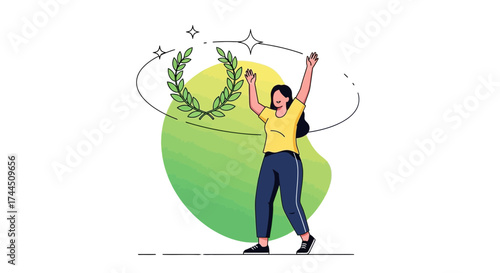 Celebrating Victory Woman With Laurel Wreath Achieves Success in Graphic Illustration