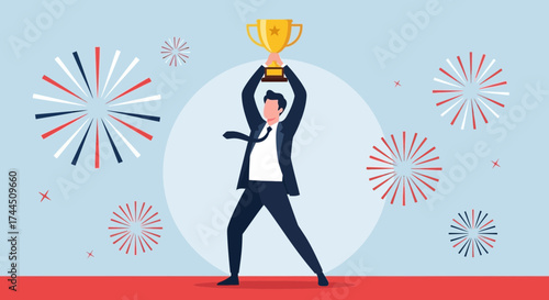 Celebrating Achievement: A Professional Person Is Holding The Winning Trophy In Triumph