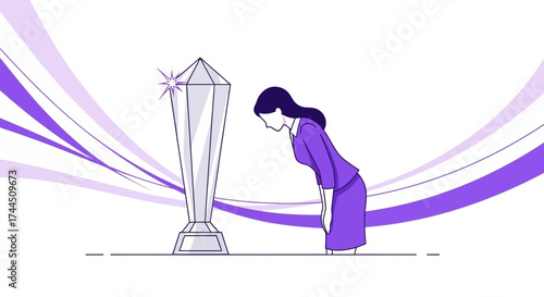 Celebrating Achievement: A Woman Bowing Toward A Sparkling Trophy Of Recognition And Success