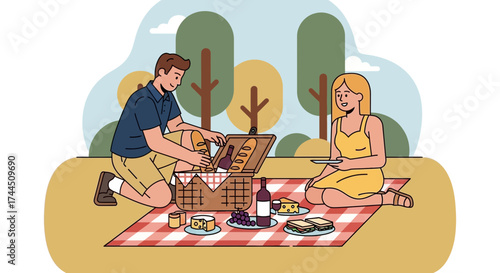 Cheerful couple enjoying a picnic outdoors eating food and drinking wine