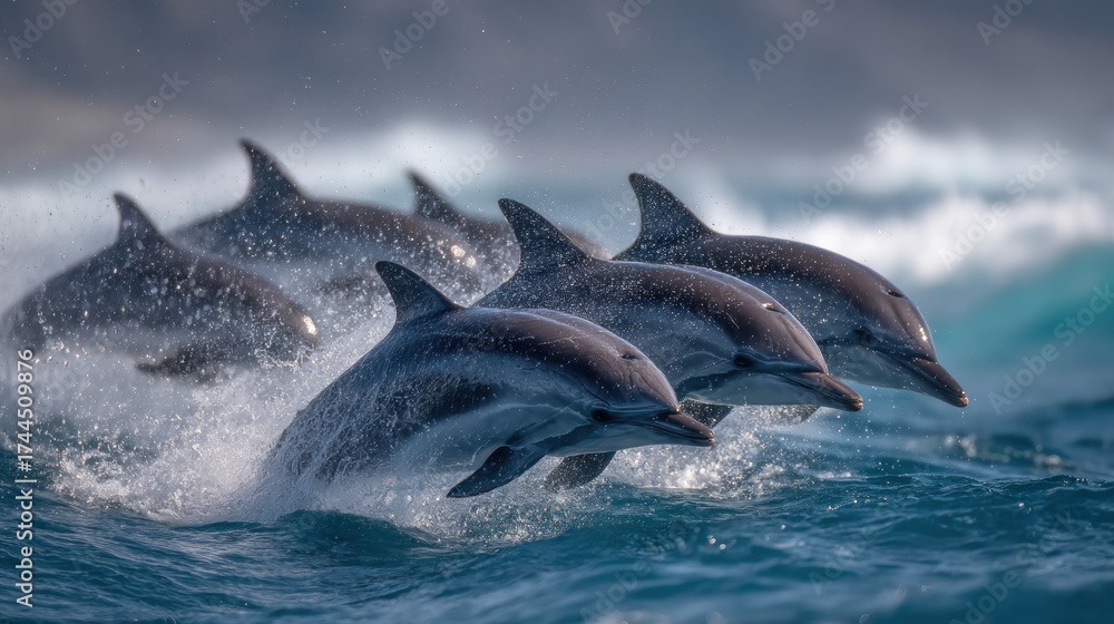 Fototapeta premium A pod of dolphins leaping out of the water in the ocean together