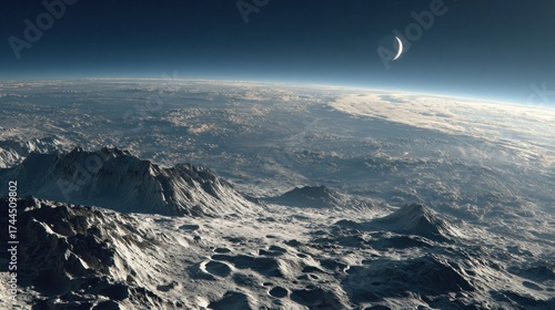 Fototapeta Naklejka Na Ścianę i Meble -  Stunning aerial view of a mountainous alien landscape with a crescent moon in space