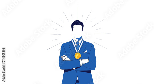 Celebration Of Achievement, Successful Businessman With A Medal, Winner Or Champion Illustrated