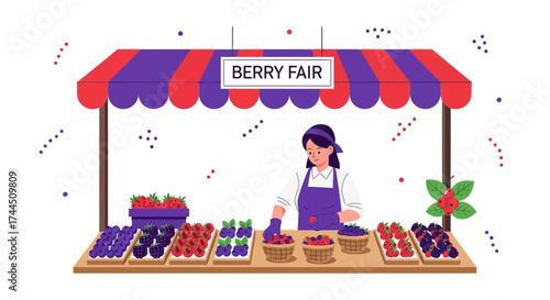 Cheerful Berry Stall, Fresh Produce Displayed, Friendly Vendor At Summer Market