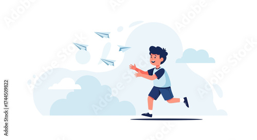 Cheerful Boy Chasing Paper Airplanes in the Sky for A Moment of Pure Childhood Joy
