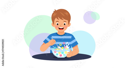 Cheerful Boy Dines Breakfast Cereal Bowl In a Happy Environment Illustration
