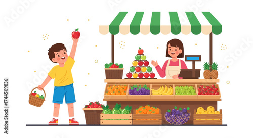 Cheerful Boy At A Fruit Stand With A Basket Buying A Red Apple With A Smiling Lady