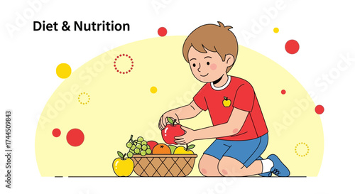 Cheerful Boy Choosing Fresh Fruits in a Basket for a Balanced Dietary Meal Plan