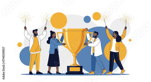 Celebrating Achievement: Illustrative Image of Diverse Team Recognizing Success With Golden Trophy