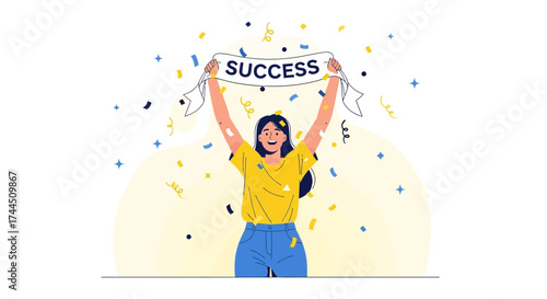 Celebrating Achievement: Joyful Woman Holding Banner of Success Amidst Festive Elements