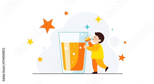 Cheerful Boy Drinking Orange Juice, Smiling in a Vibrant, Playful Illustration Style