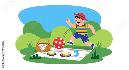 Cheerful Boy Playing Ball On A Picnic Blanket With Food And Nature Setting