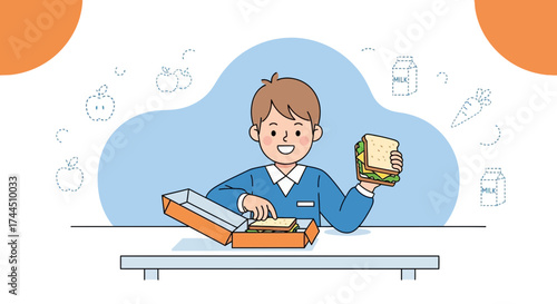 Cheerful Boy Prepares Sandwich For Lunch, Healthy Eating Concept, Happy and Carefree Illustration