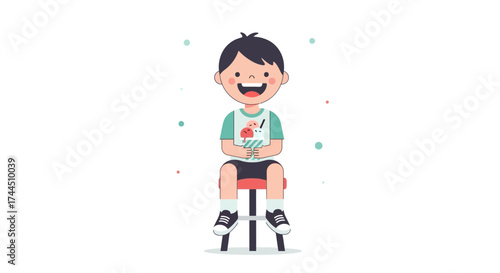 Cheerful Boy Relishing Ice Cream on Wooden Stool, Joyful Moment, Vector Illustration.