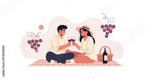 Cheerful Couple Enjoying Picnic Date Outdoors With Wine And Grapevine Together