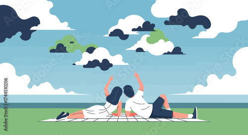 Cheerful Couple Relaxing Outdoors, Enjoying Peace Beneath The Expressive Cloudy Sky