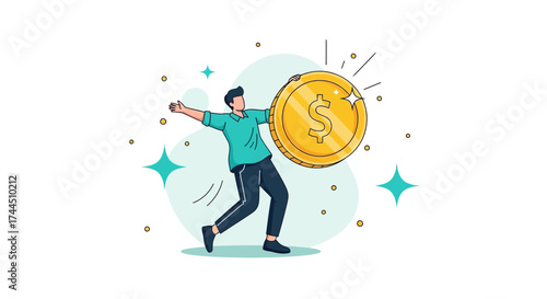 Celebrating Financial Success: Man Embraces Huge Coin Illustrating Business Triumph