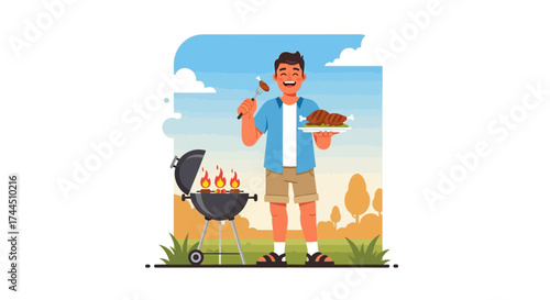 Cheerful Chef Grilling Tasty Food: Outdoor Barbecue Cooking Illustration