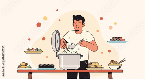 Cheerful Chef Prepares Japanese Cuisine with a Variety of Dishes on the Table